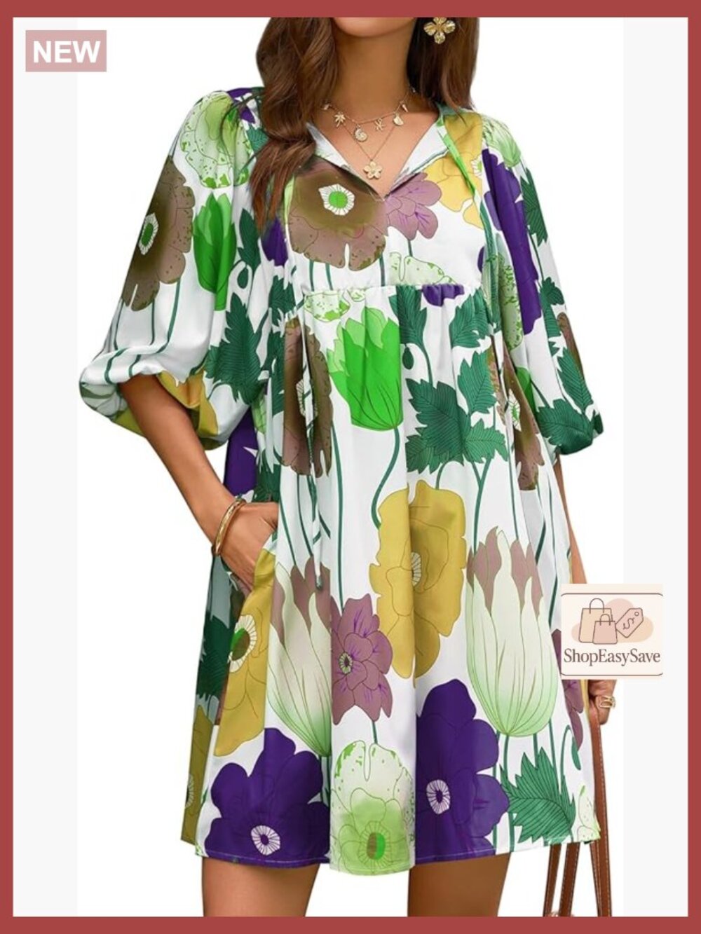 Floral Mini Babydoll Dress V Neck Puff Sleeve Loose Boho Sundress with Pockets